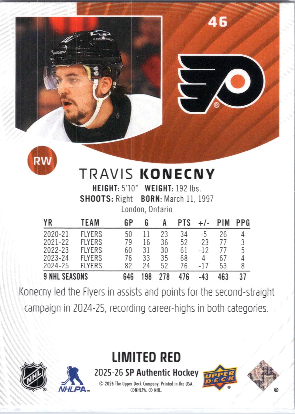 2025-26 SP Authentic #46 Travis Konecny Limited Red
