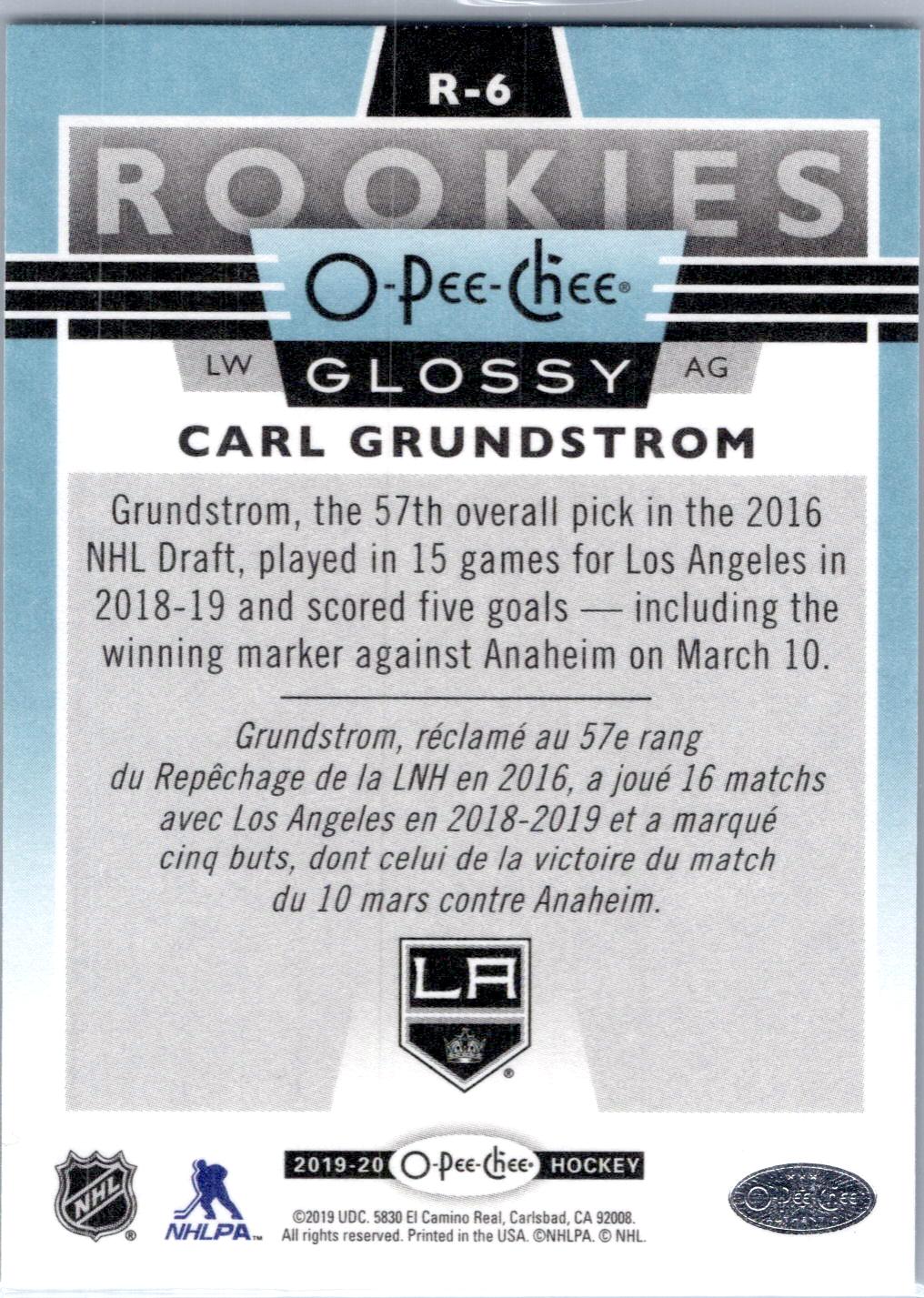 2019-20 Upper Deck #R-6 Carl Grundstrom 2019-20 O-Pee-Chee Glossy Rookies