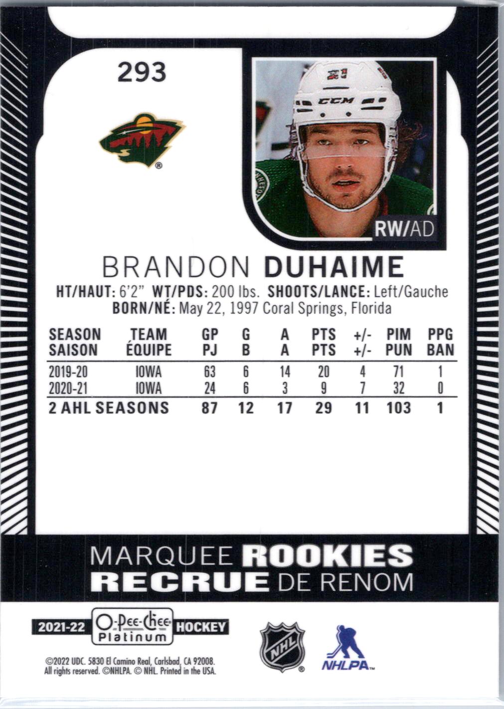 2021-22 O-Pee-Chee Platinum #293 Brandon Duhaime