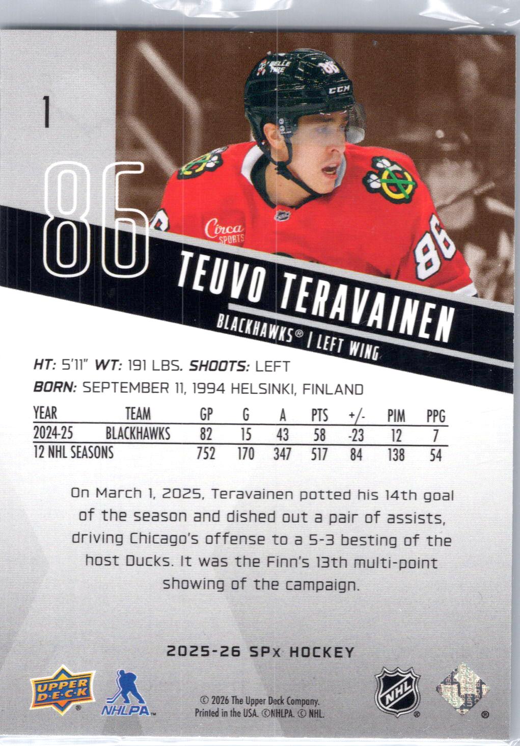 2025-26 SPx #1 Teuvo Teravainen Silver
