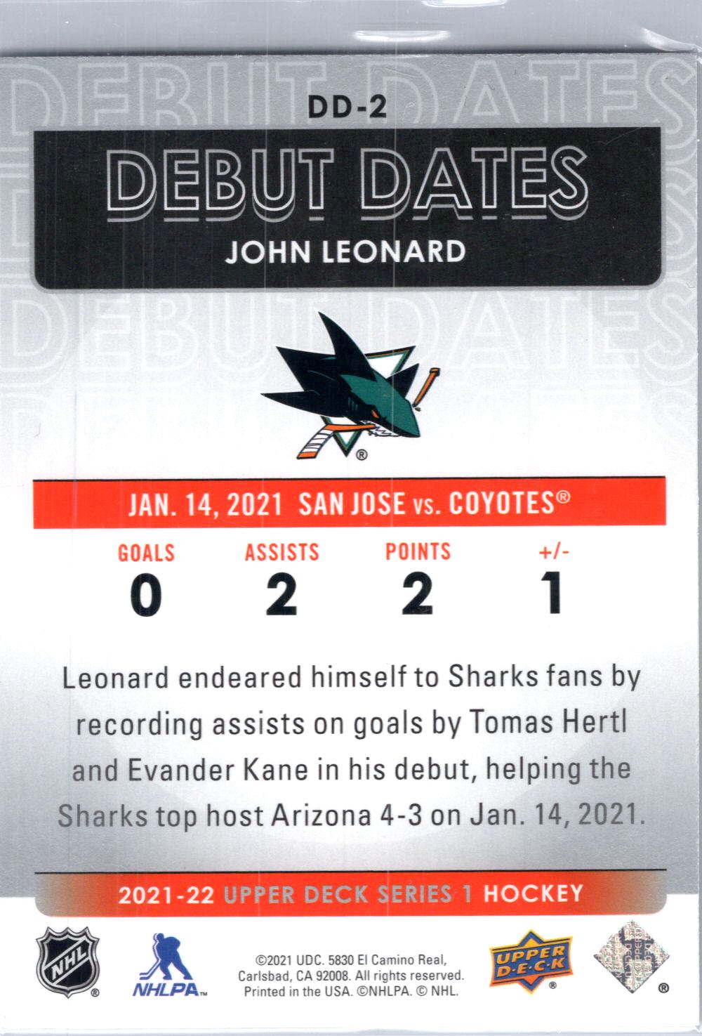 2021-22 Upper Deck #DD-2 John Leonard Debut Dates