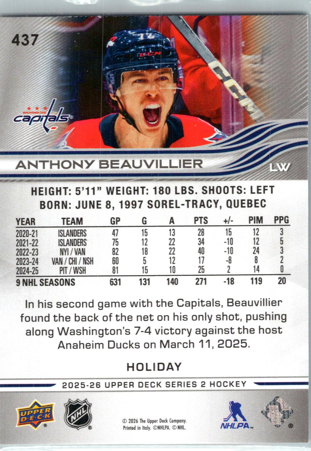 2025-26 Upper Deck #437 Anthony Beauvillier Holiday