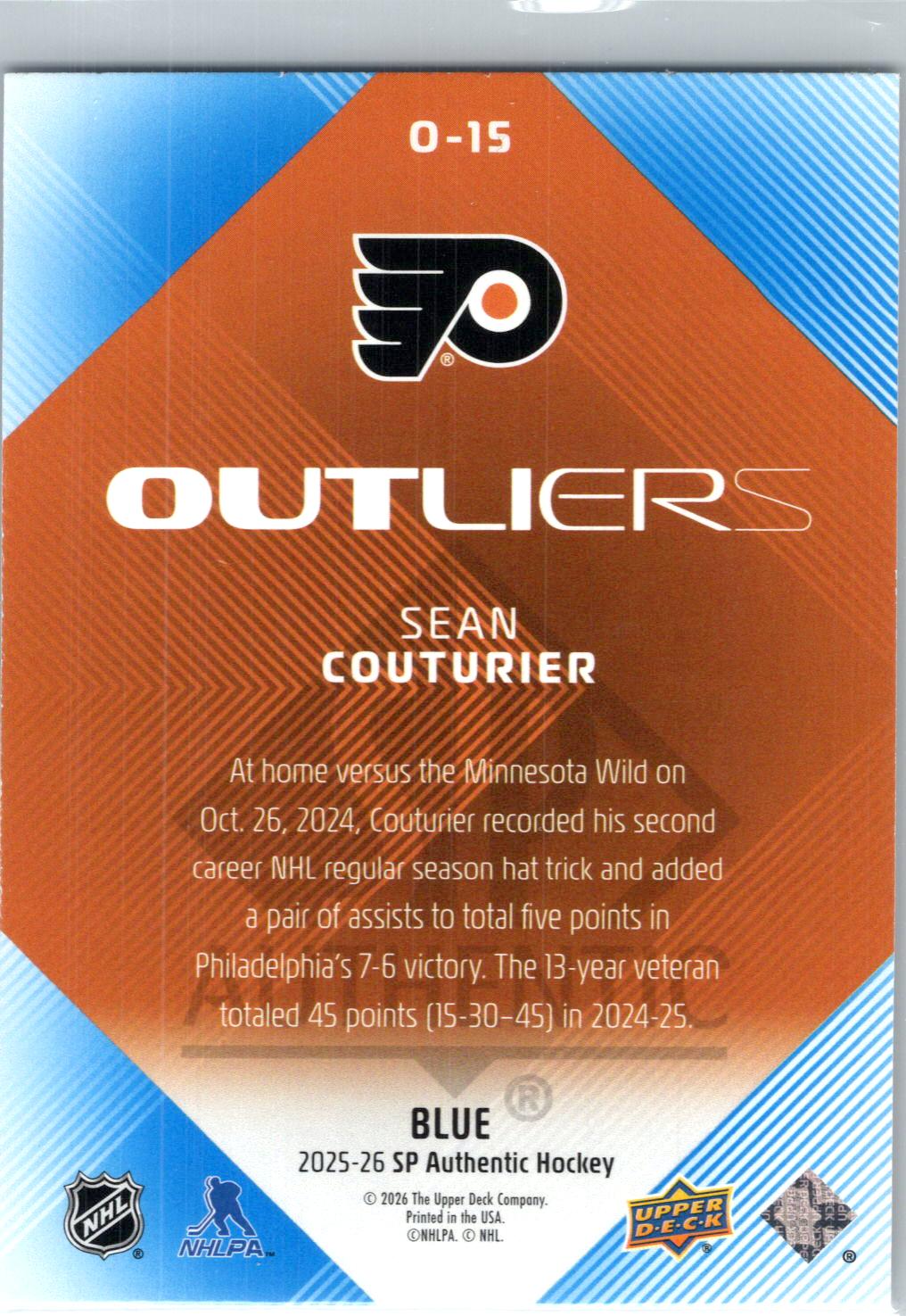 2025-26 SP Authentic #O-15 Sean Couturier Outliers Blue
