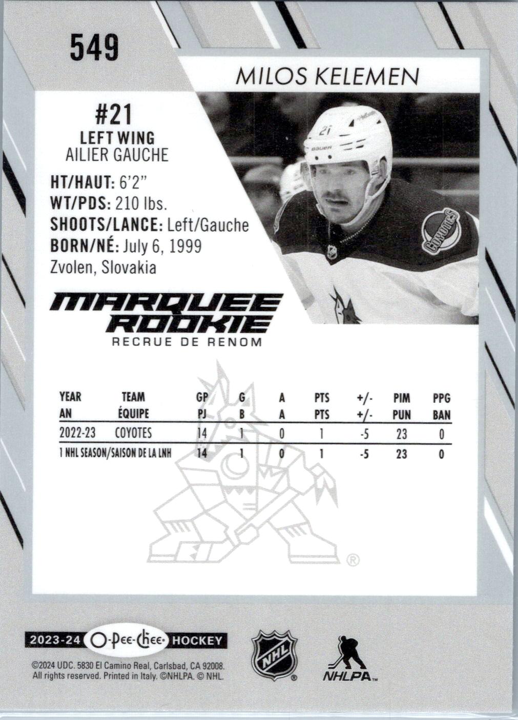 2023-24 O-Pee-Chee #549 Milos Kelemen