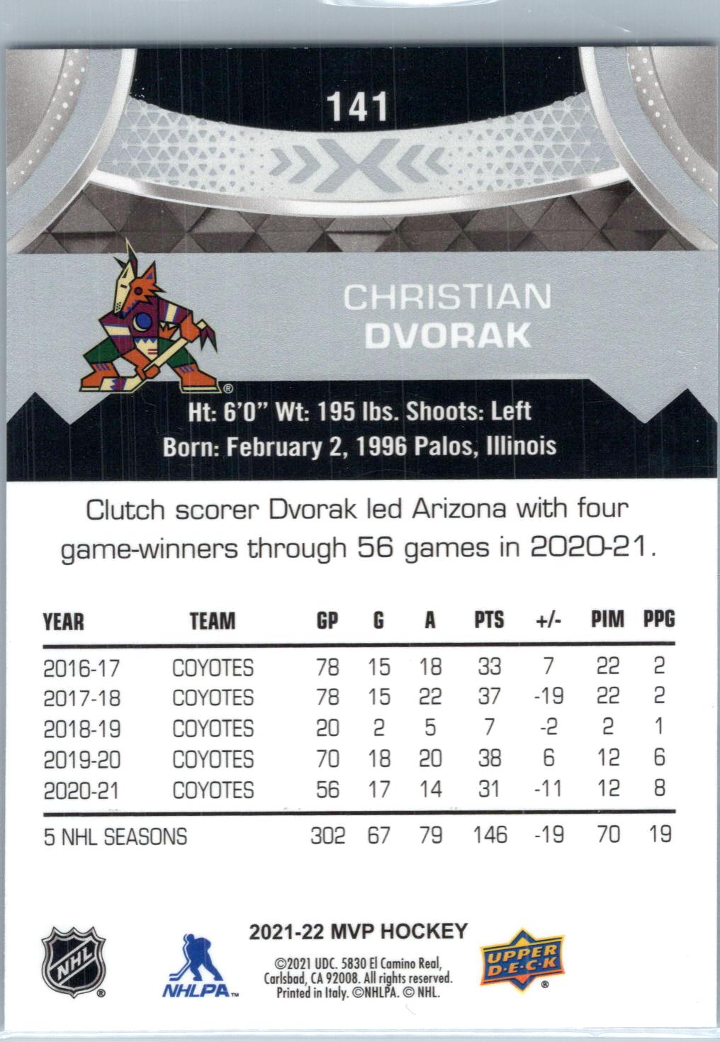 2021-22 Upper Deck MVP #141 Christian Dvorak Silver Script