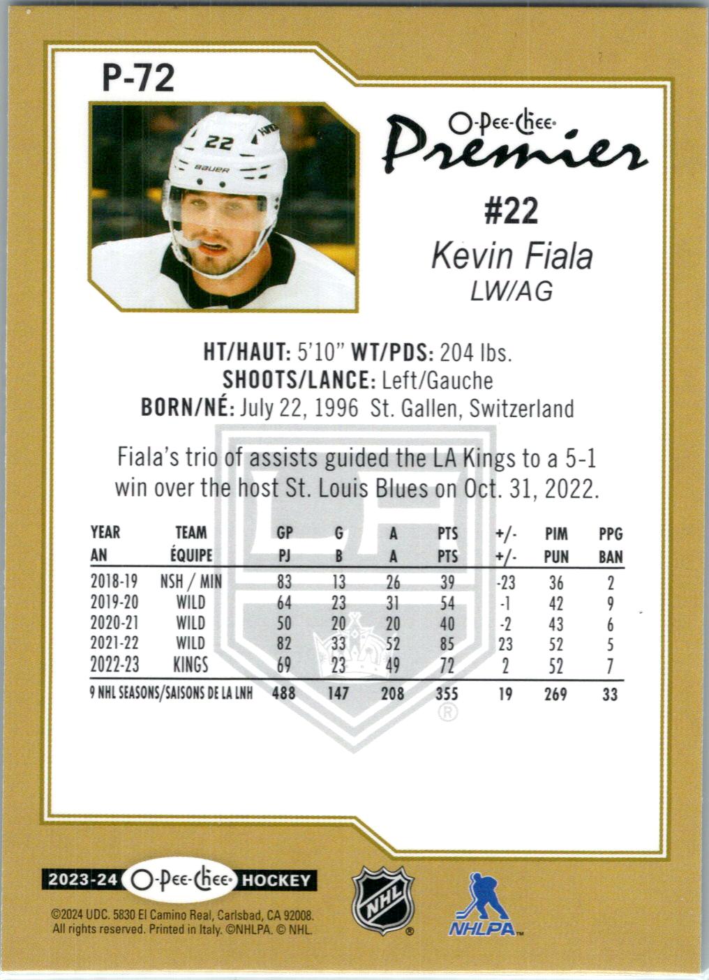 2023-24 O-Pee-Chee #P-72 Kevin Fiala O-Pee-Chee Premier