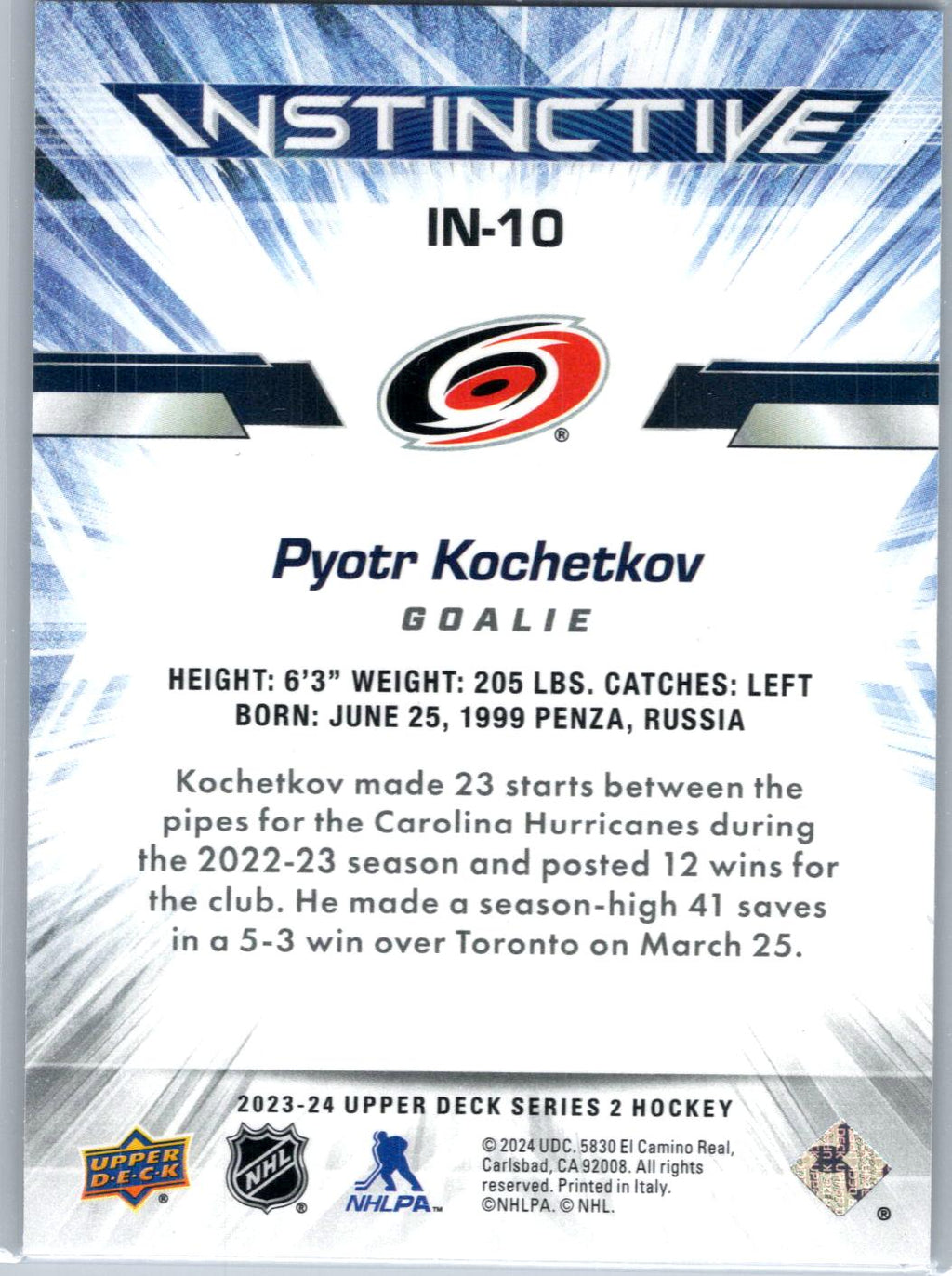 2023-24 Upper Deck #IN-10 Pyotr Kochetkov Instinctive Sparkle