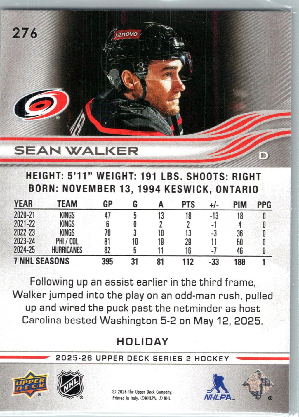 2025-26 Upper Deck #276 Sean Walker Holiday