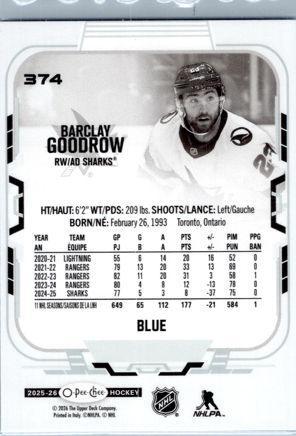 2025-26 O-Pee-Chee #374 Barclay Goodrow Blue Border