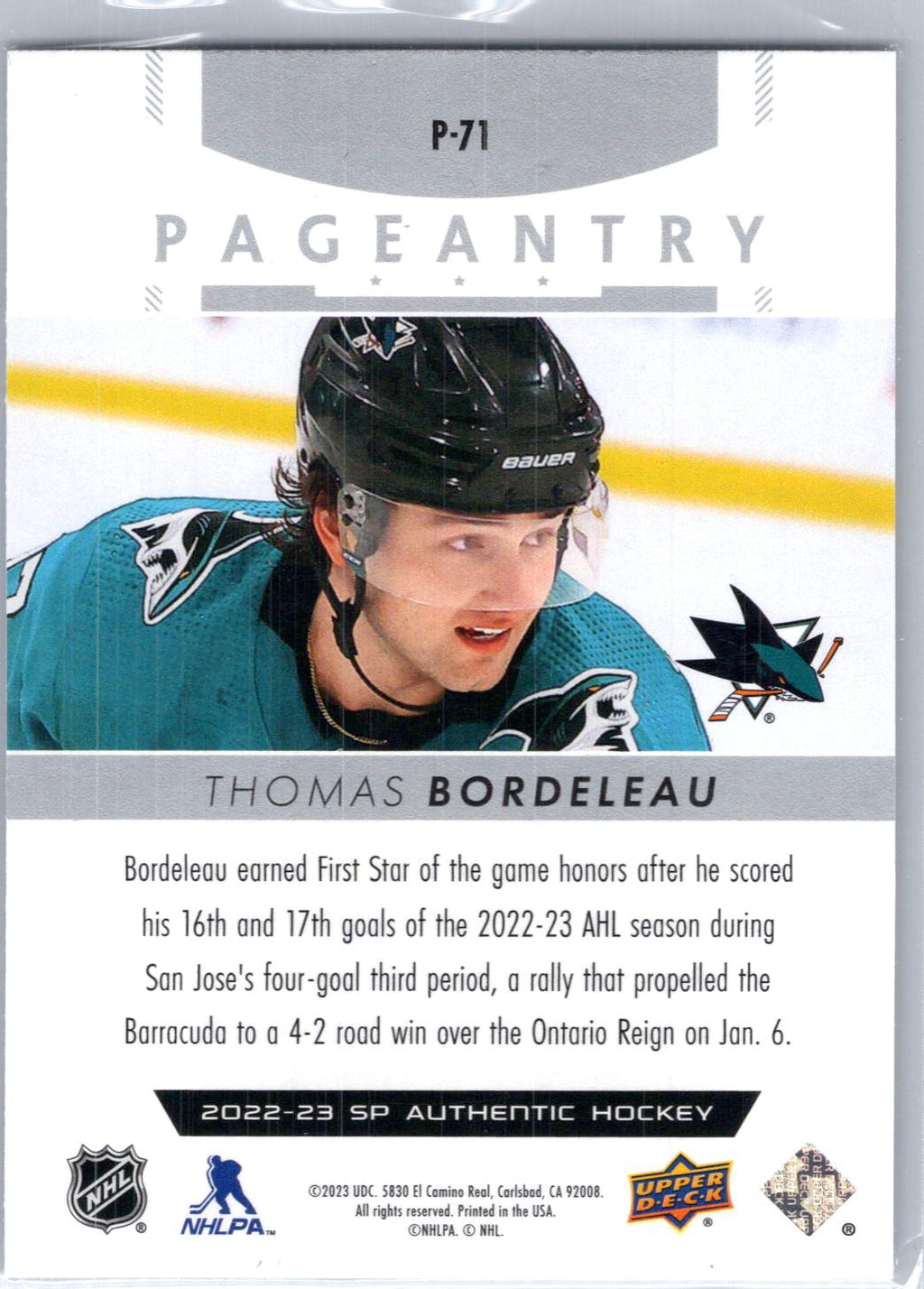 2022-23 SP Authentic #P-71 Thomas Bordeleau Pageantry