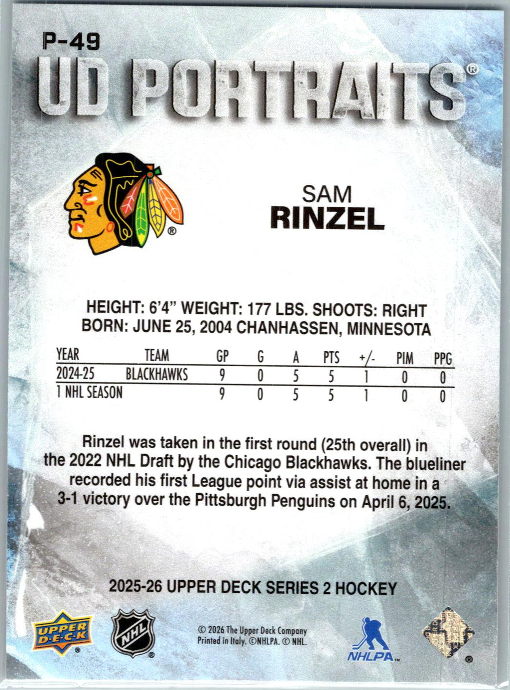 2025-26 Upper Deck #P-49 Sam Rinzel UD Portraits