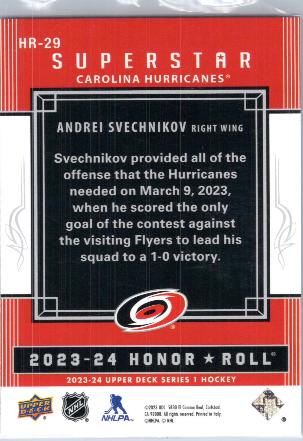 2023-24 Upper Deck #HR-29 Andrei Svechnikov Honor Roll