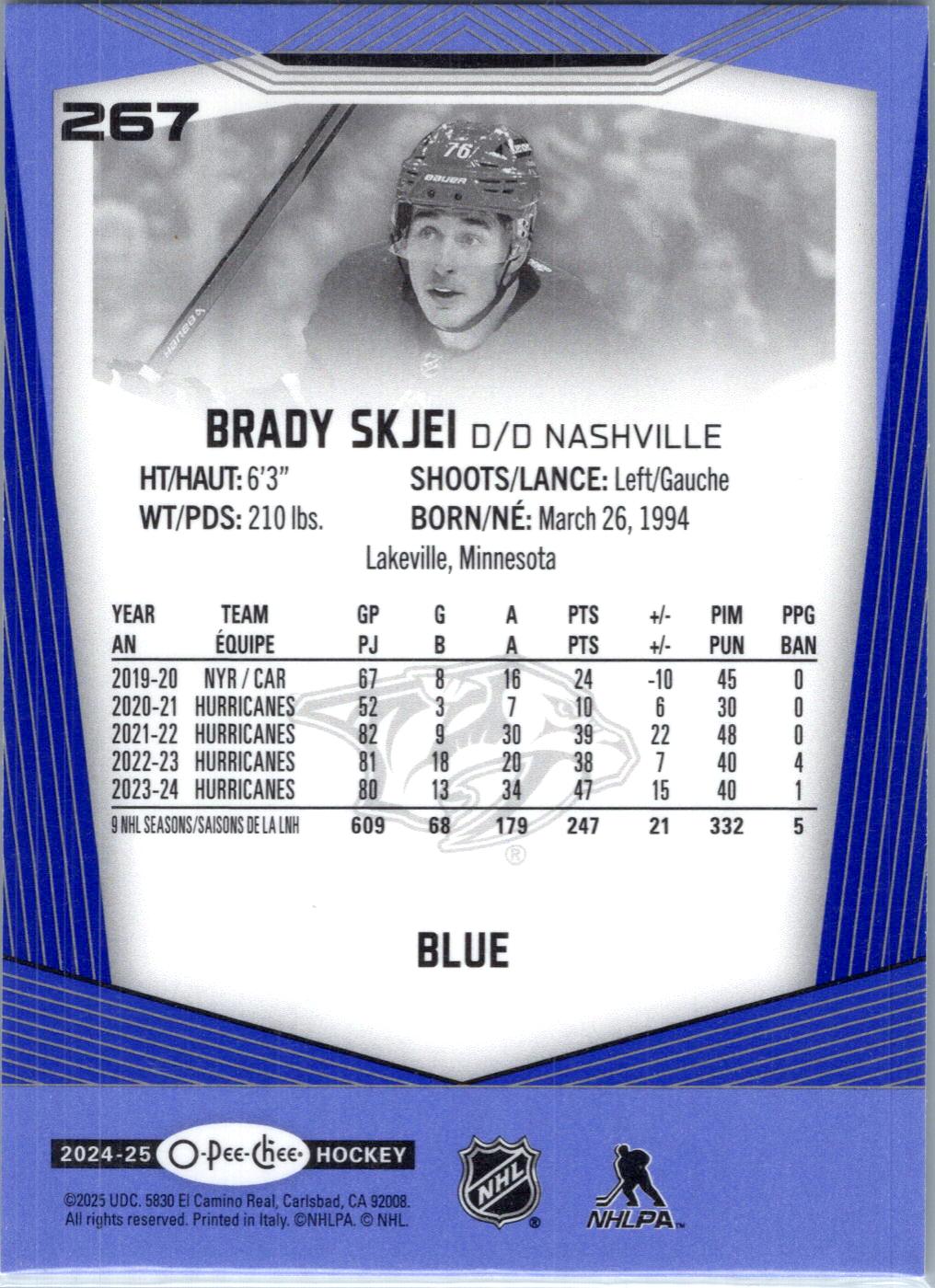 2024-25 O-Pee-Chee #267 Brady Skjei Blue Border