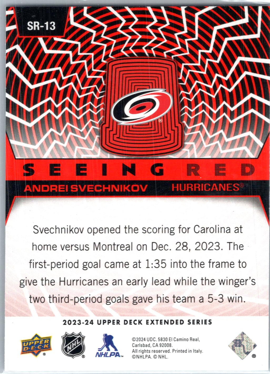 2023-24 Upper Deck #SR-13 Andrei Svechnikov Seeing Red