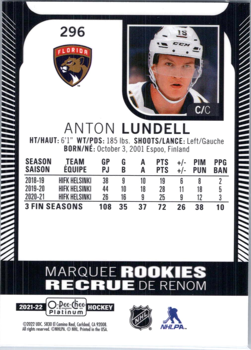 2021-22 O-Pee-Chee Platinum #296 Anton Lundell