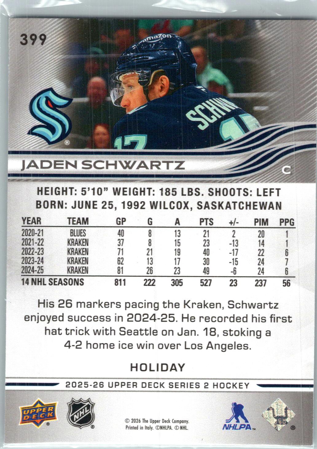 2025-26 Upper Deck #399 Jaden Schwartz Holiday