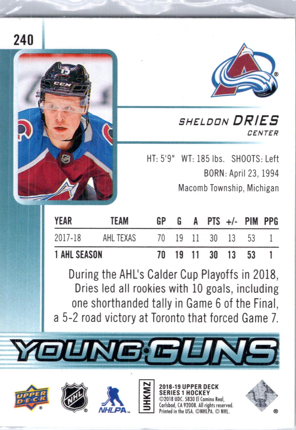 2018-19 Upper Deck #240 Sheldon Dries