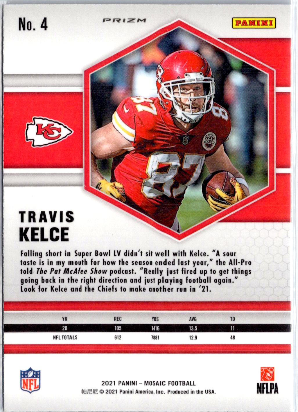 2021 Panini Mosaic #4 Travis Kelce Prizm Reactive Yellow