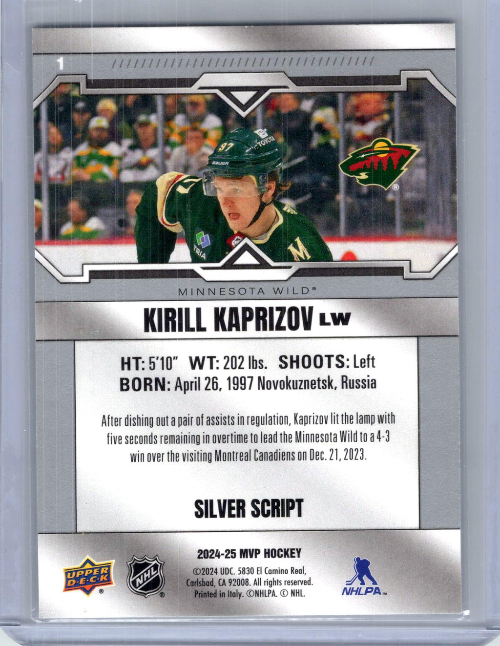 2024-25 Upper Deck MVP #1 Kirill Kaprizov Silver Script