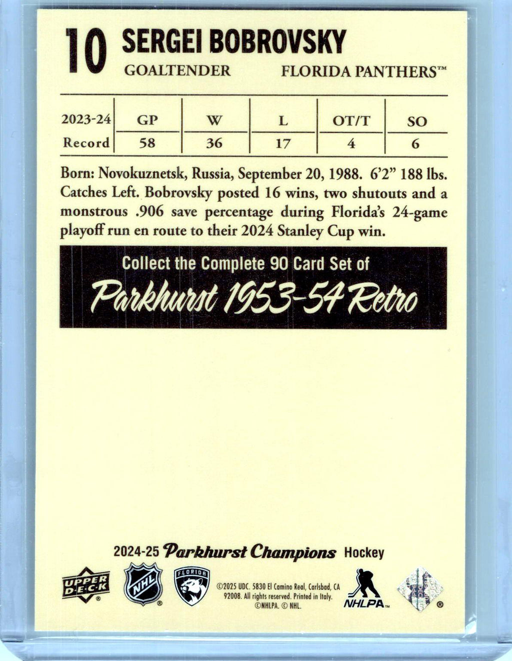 2024-25 Parkhurst Champions #10 Sergei Bobrovsky 1953-54 Retros
