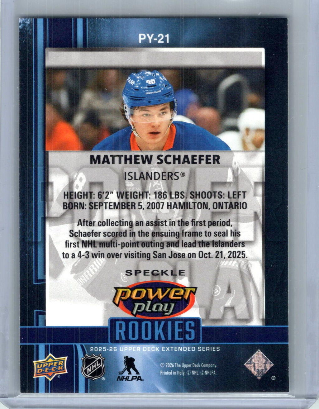 2025-26 Upper Deck #PY-21 Matthew Schaefer Power Play Speckle