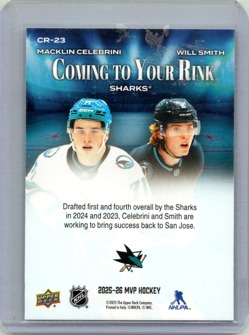 2025-26 Upper Deck MVP #CR-23 Macklin Celebrini / Will Smith Coming to Your Rink