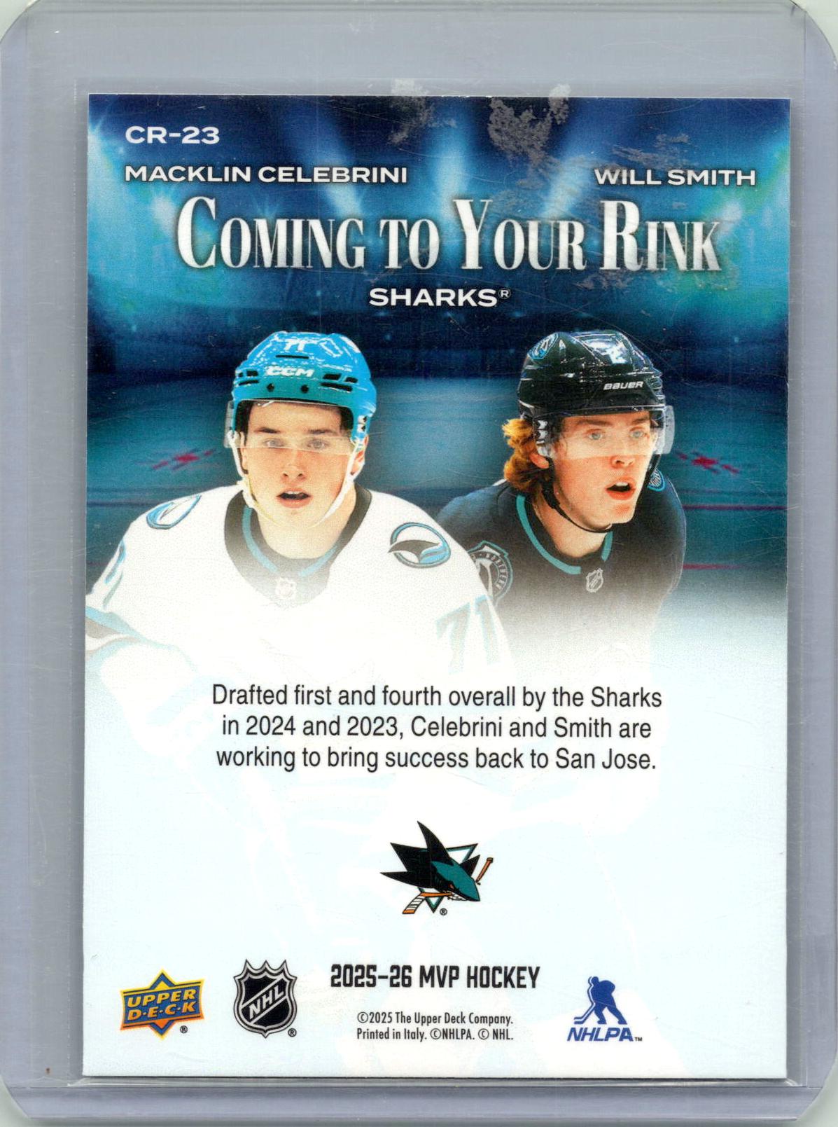 2025-26 Upper Deck MVP #CR-23 Macklin Celebrini / Will Smith Coming to Your Rink