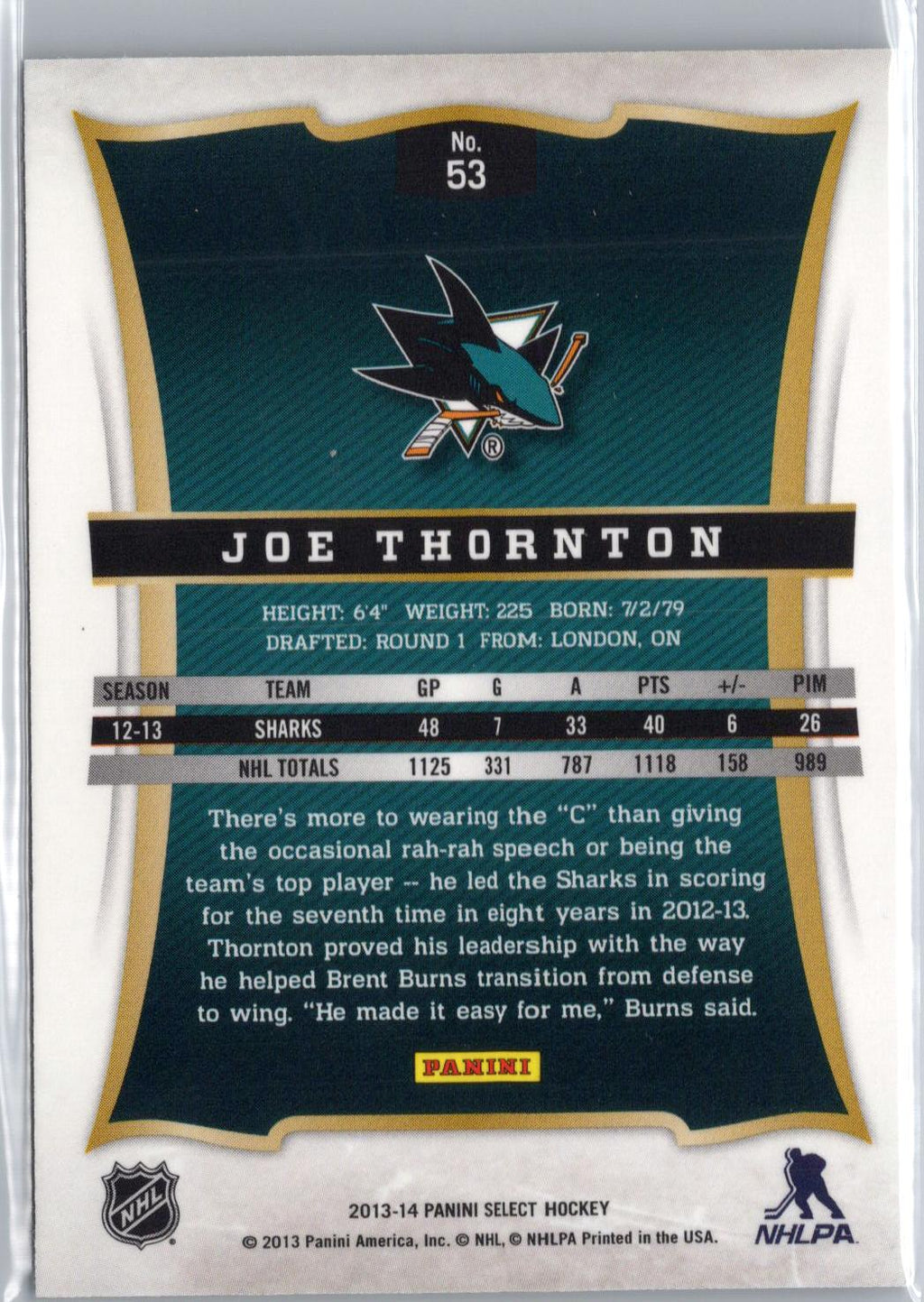 2013-14 Panini Select #53 Joe Thornton