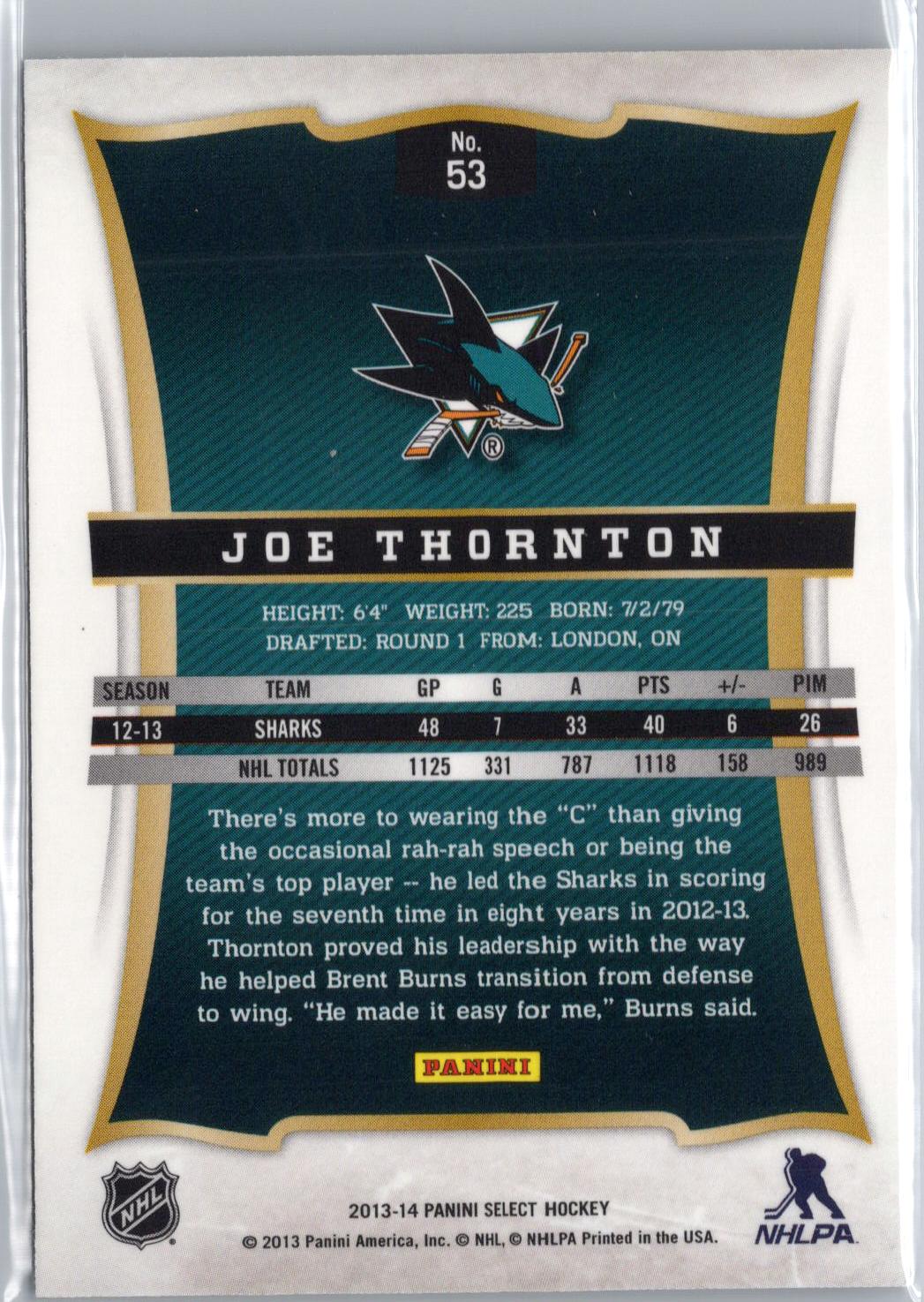 2013-14 Panini Select #53 Joe Thornton