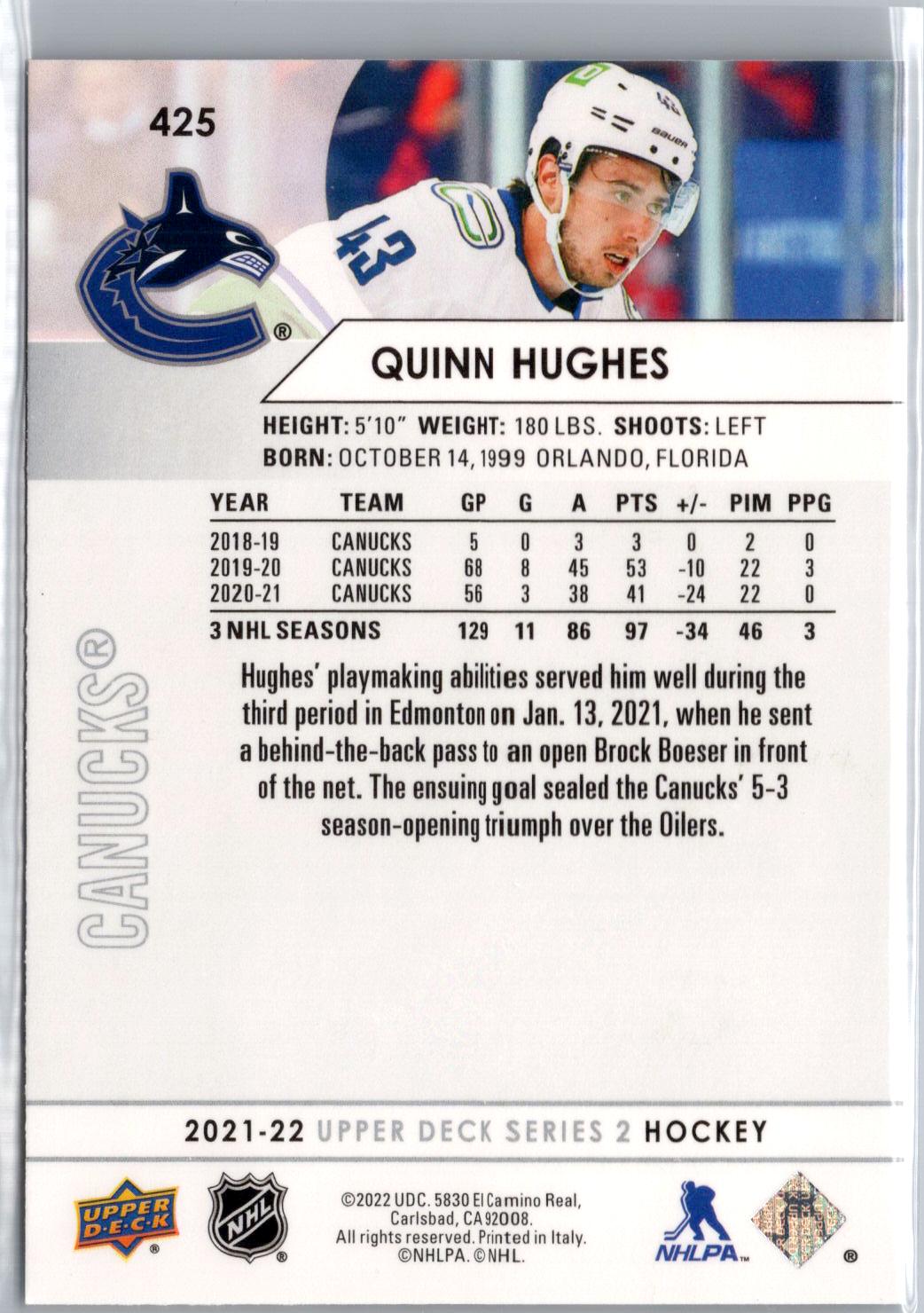 2021-22 Upper Deck #425 Quinn Hughes