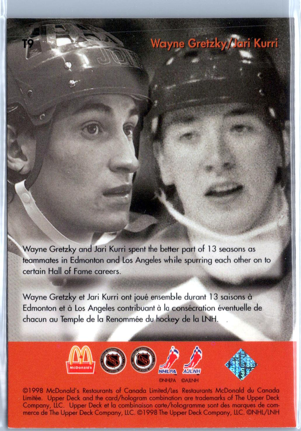 1998-99 Upper Deck Ice McDonald's #T9 Jari Kurri Wayne Gretzky Teammates