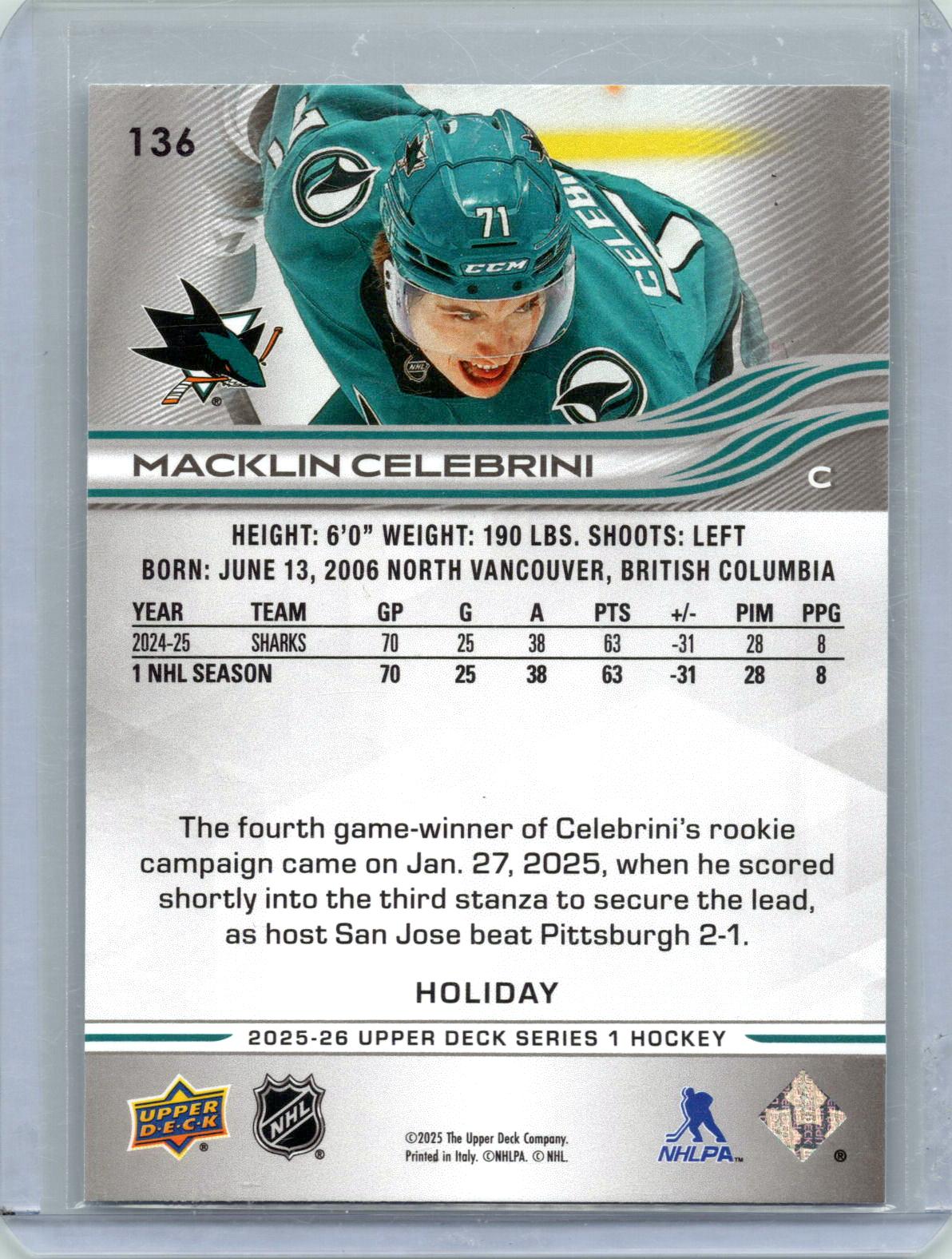 2025-26 Upper Deck #136 Macklin Celebrini Holiday