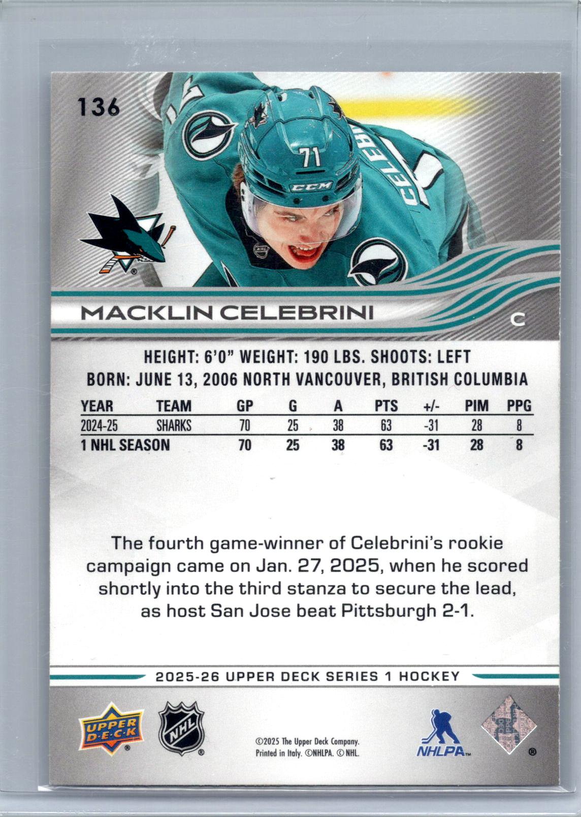 2025-26 Upper Deck #136 Macklin Celebrini
