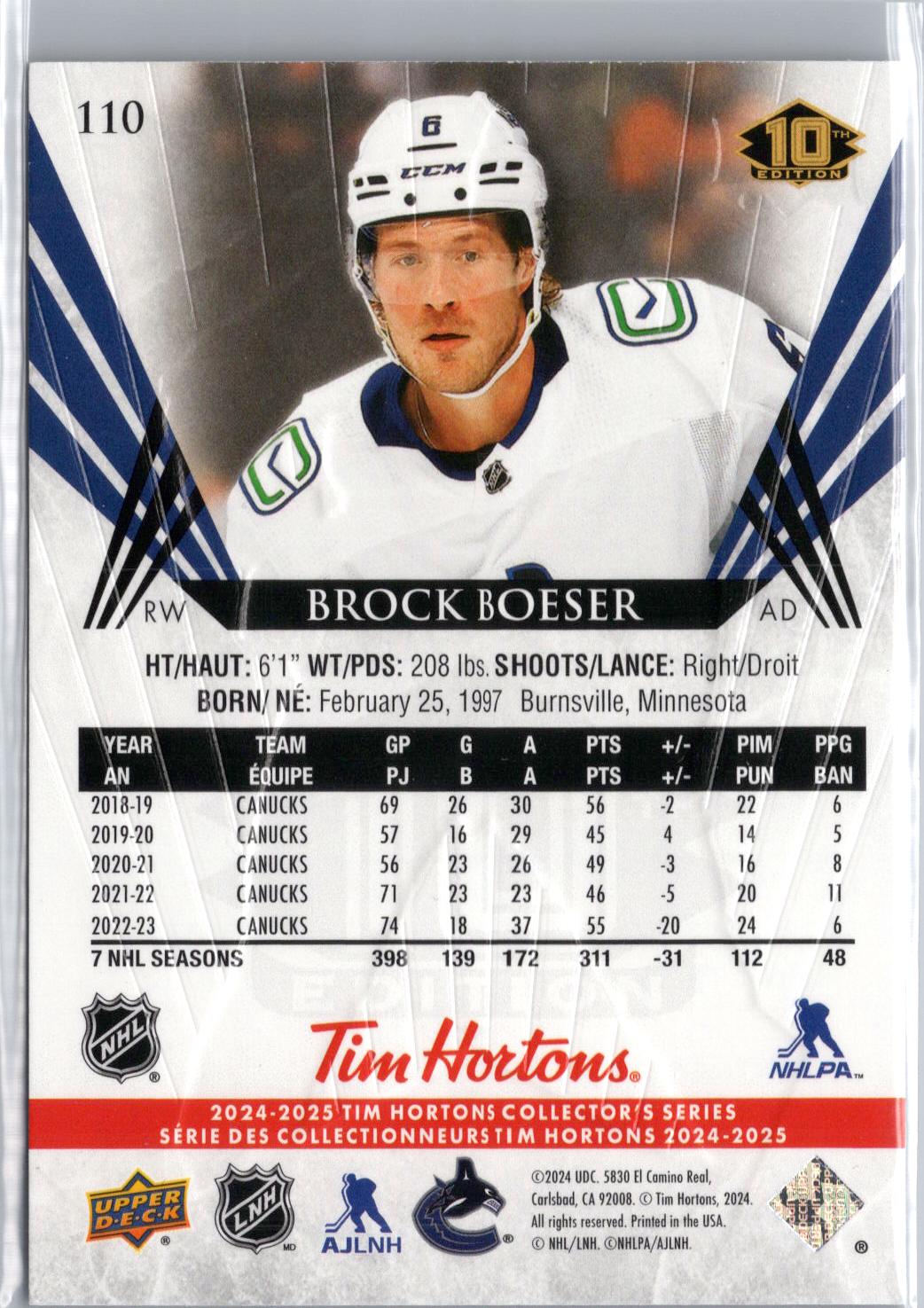 2024-25 Upper Deck Tim Hortons #110 Brock Boeser
