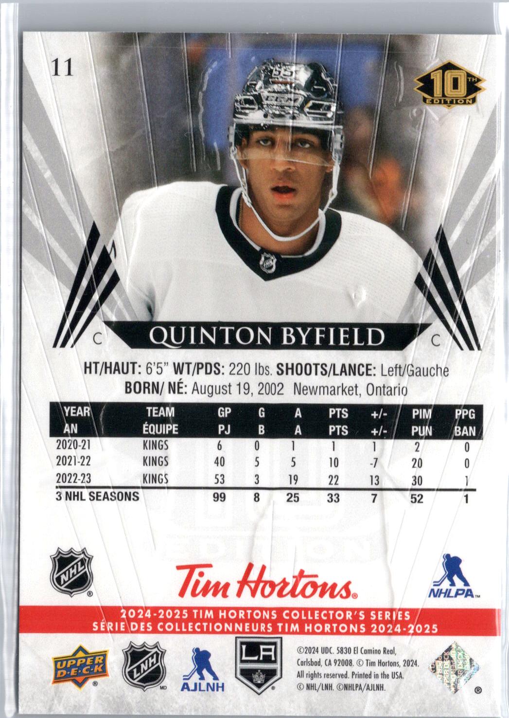 2024-25 Upper Deck Tim Hortons #11 Quinton Byfield