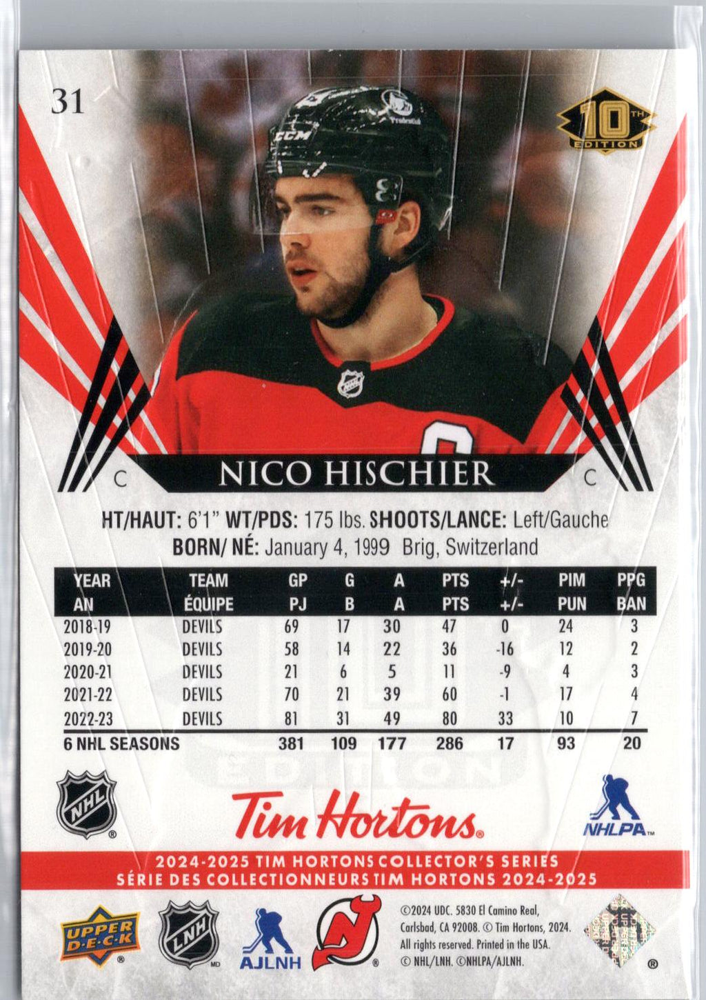 2024-25 Upper Deck Tim Hortons #31 Nico Hischier