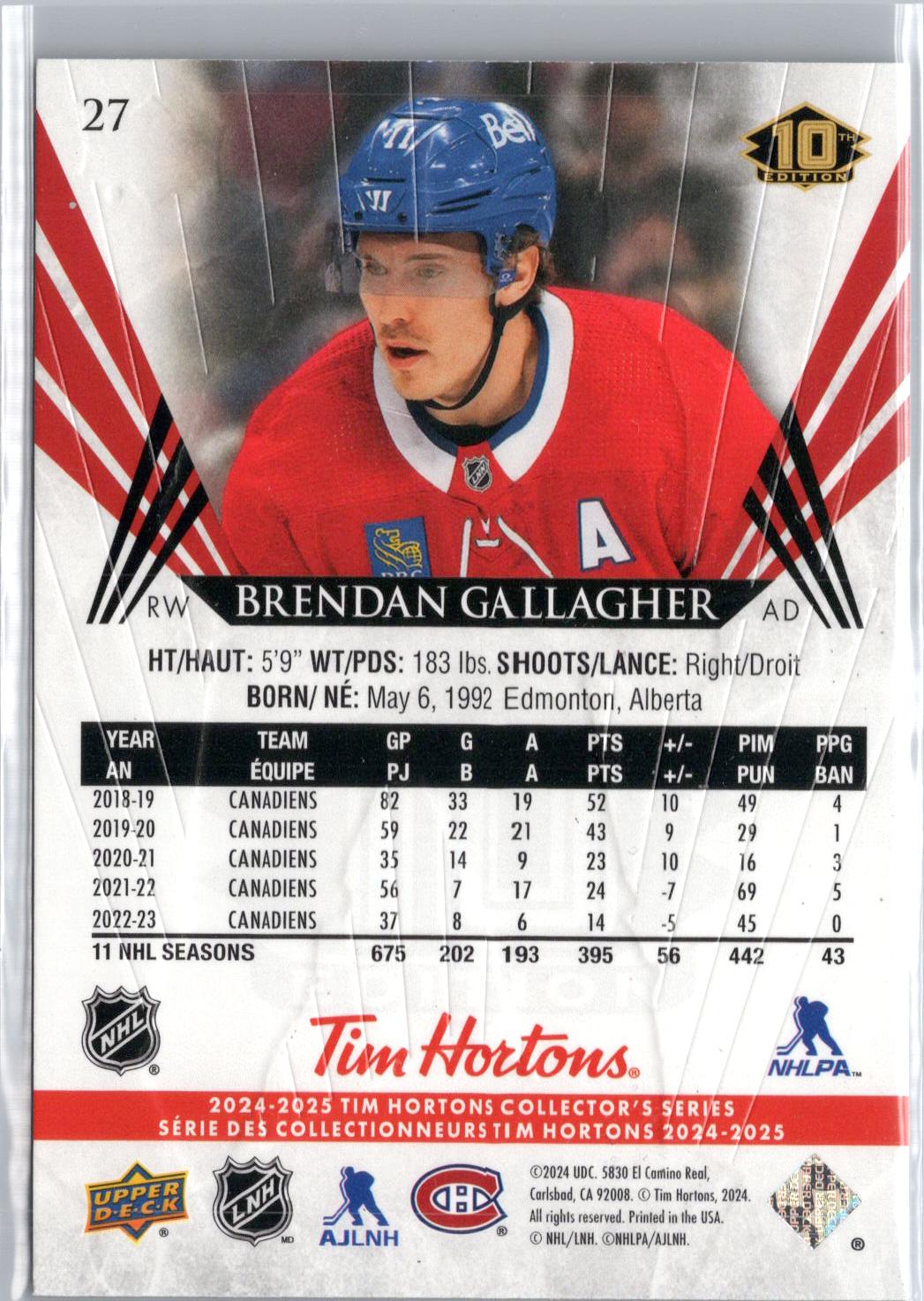 2024-25 Upper Deck Tim Hortons #27 Brendan Gallagher