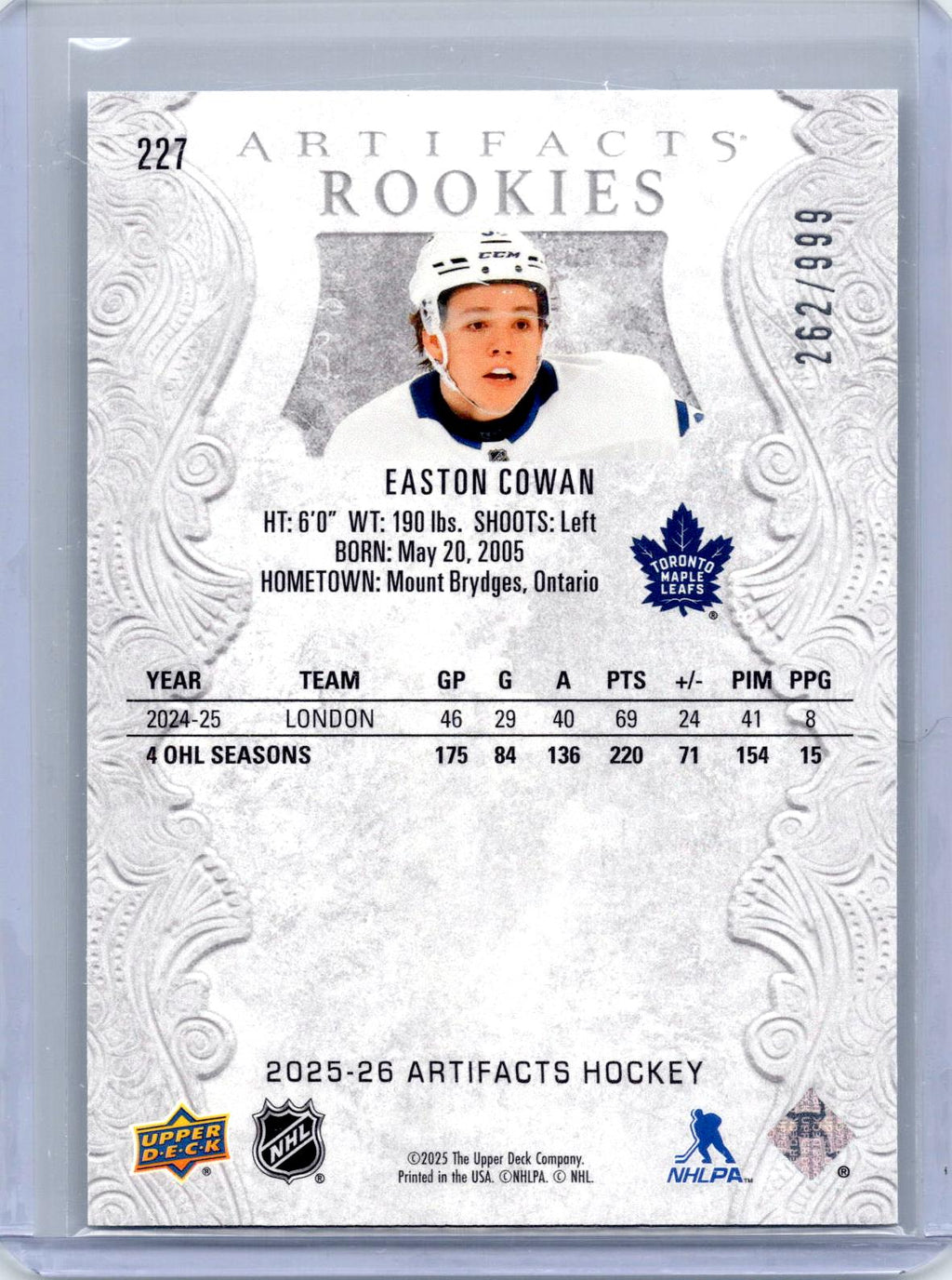 2025-26 Upper Deck Artifacts #227 Easton Cowan #/999