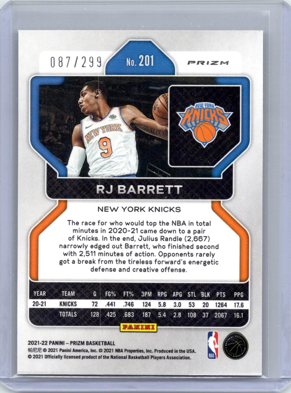 2021-22 Panini Prizm #201 RJ Barrett Red #/299