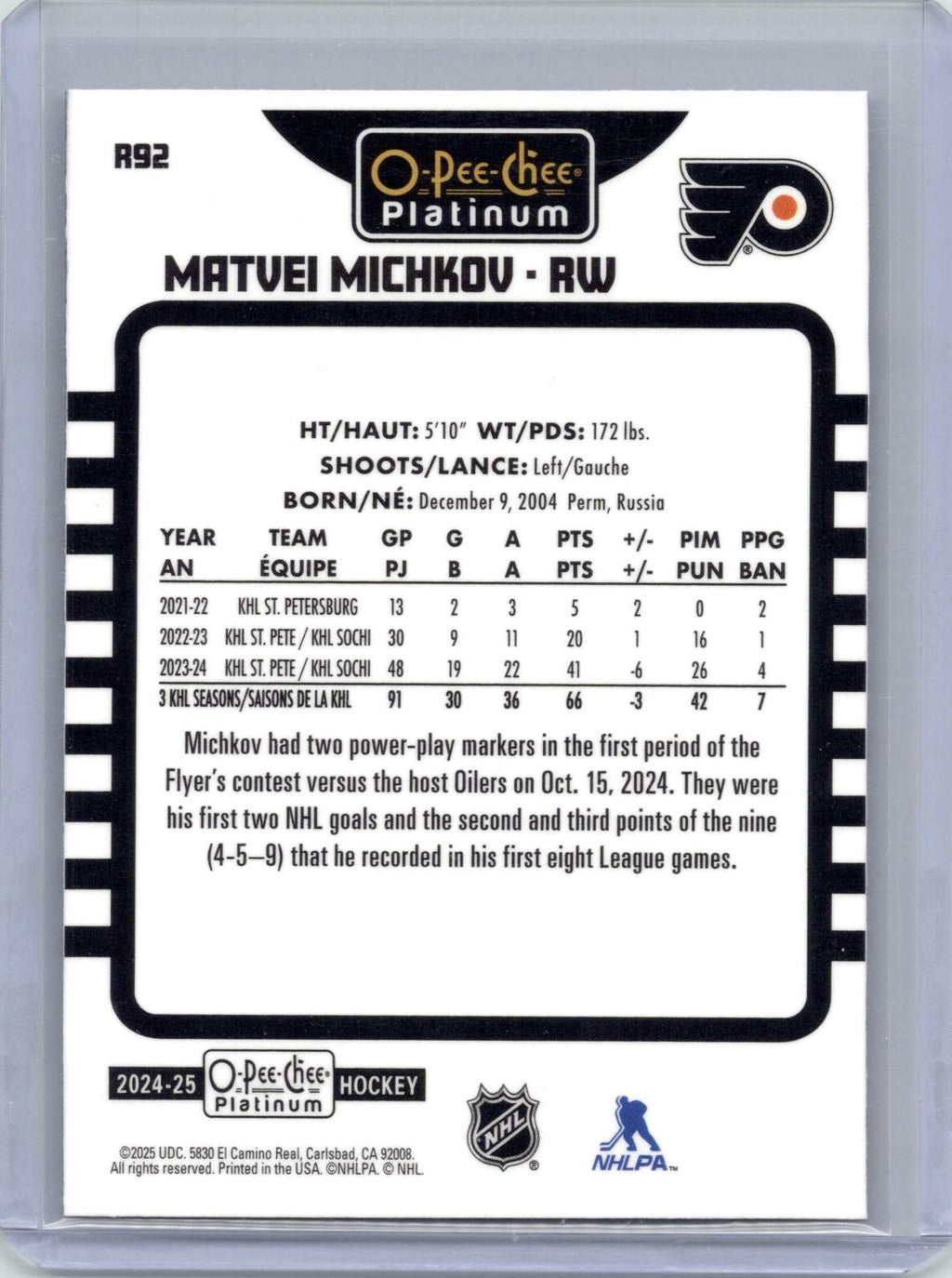 2024-25 O-Pee-Chee Platinum #R92 Matvei Michkov Retro Rainbow