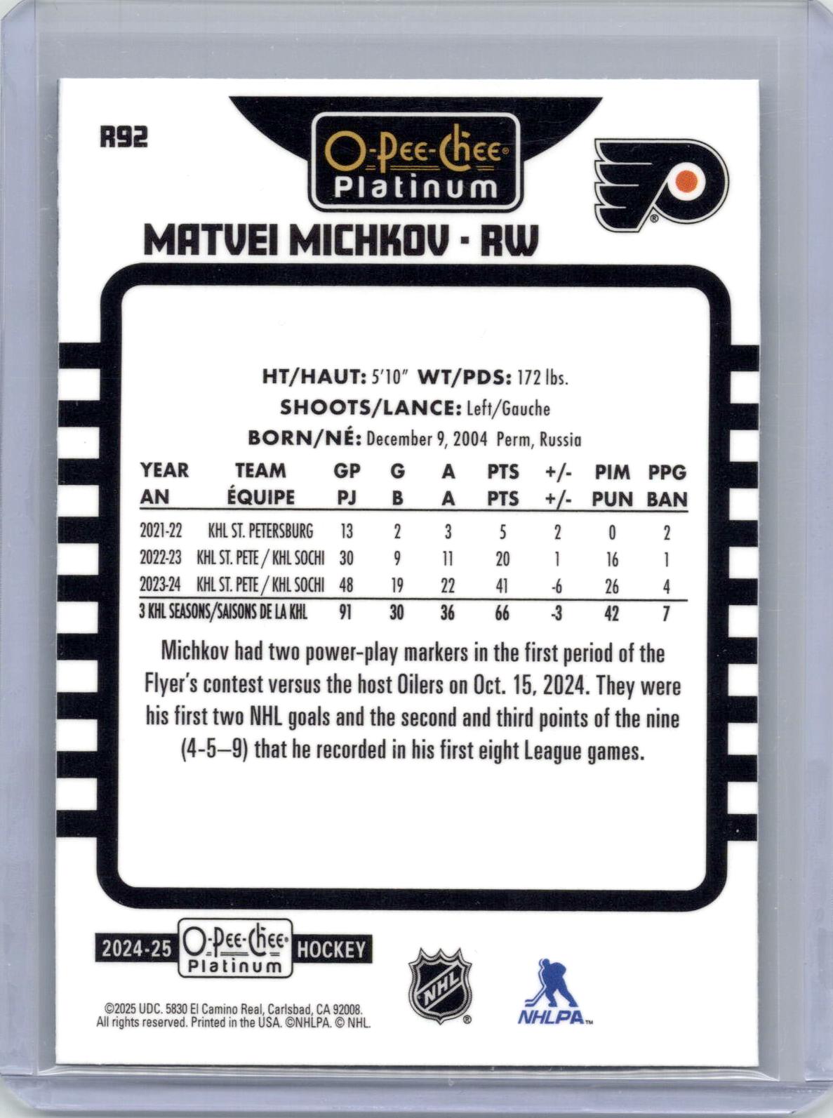2024-25 O-Pee-Chee Platinum #R92 Matvei Michkov Retro Rainbow